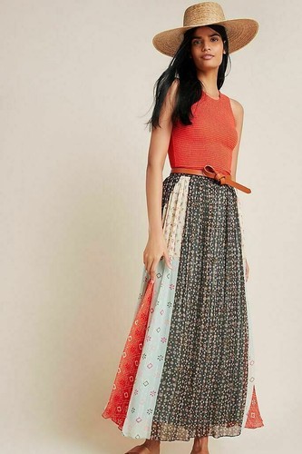 Anthropologie VERB SINGHEE 8 Skirt MARGOT PLEATED Maxi Beads Gold Crepe NWT - 第 1/5 張圖片