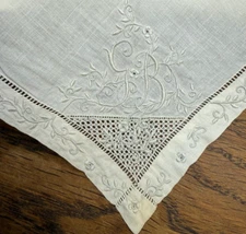 ANTIQUE LACE - Embroidered Handkerchief - GB Initials - circa 1900