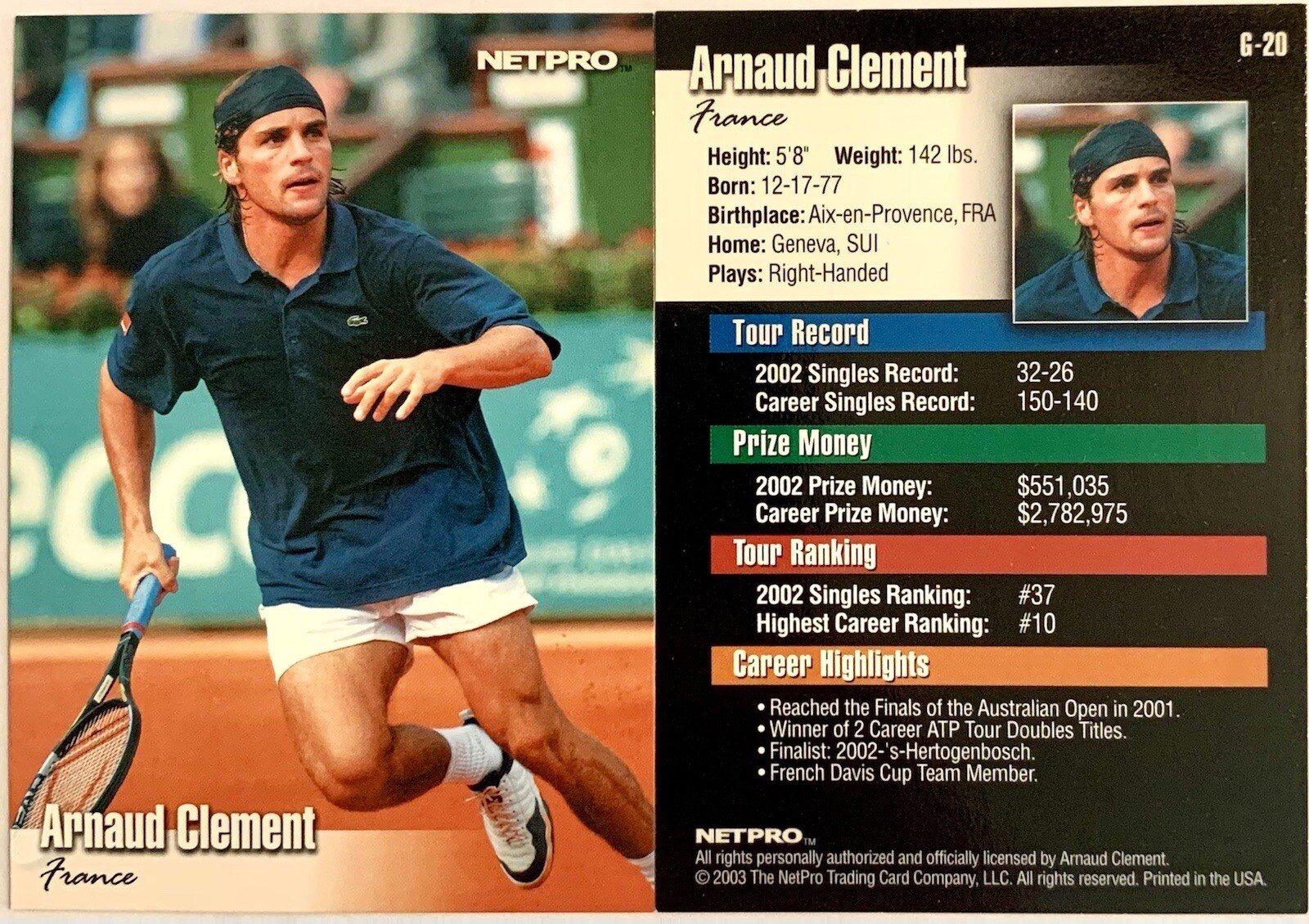 2003 NETPRO ARNAUD CLEMENT PREMIER GLOSSY EDITION #G-20 LIMITED TO ONLY / 5000