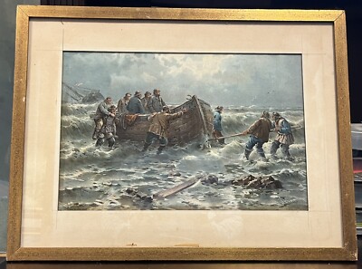 Antique Framed Lithograph Fishermen at Sea Storm 1908 Printed by Louis Klopsch