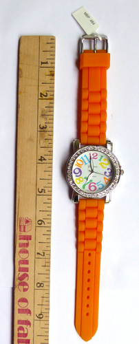 Jelly Ladies Geneva Platinum Silver Tone Paved Orange Jelly Band Japan