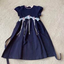 RARE EDITIONS DRESS, 6, DARKEST NAVY, FLORAL TRIM WITH RIBBONS FRONT WAIST, SSLV
