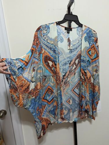 Giacca Karen Kane donna più drappeggio tropicale paisley aperta blu/arancione 1X $148 - Foto 2 di 8
