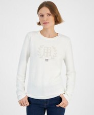 Tommy Hilfiger Women's Rhinestone Logo Sweater - Ivory Size Small 307943