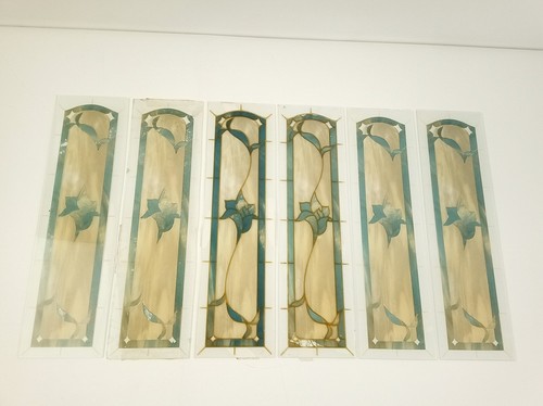 Art Nouveau Stained Glass Blue Floral Panels Lot of 6 14" x 4"