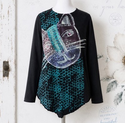 Vintage Blue Fish One Size Black Cat Kitten Graphic Hemp Cotton Long Sleeve Top