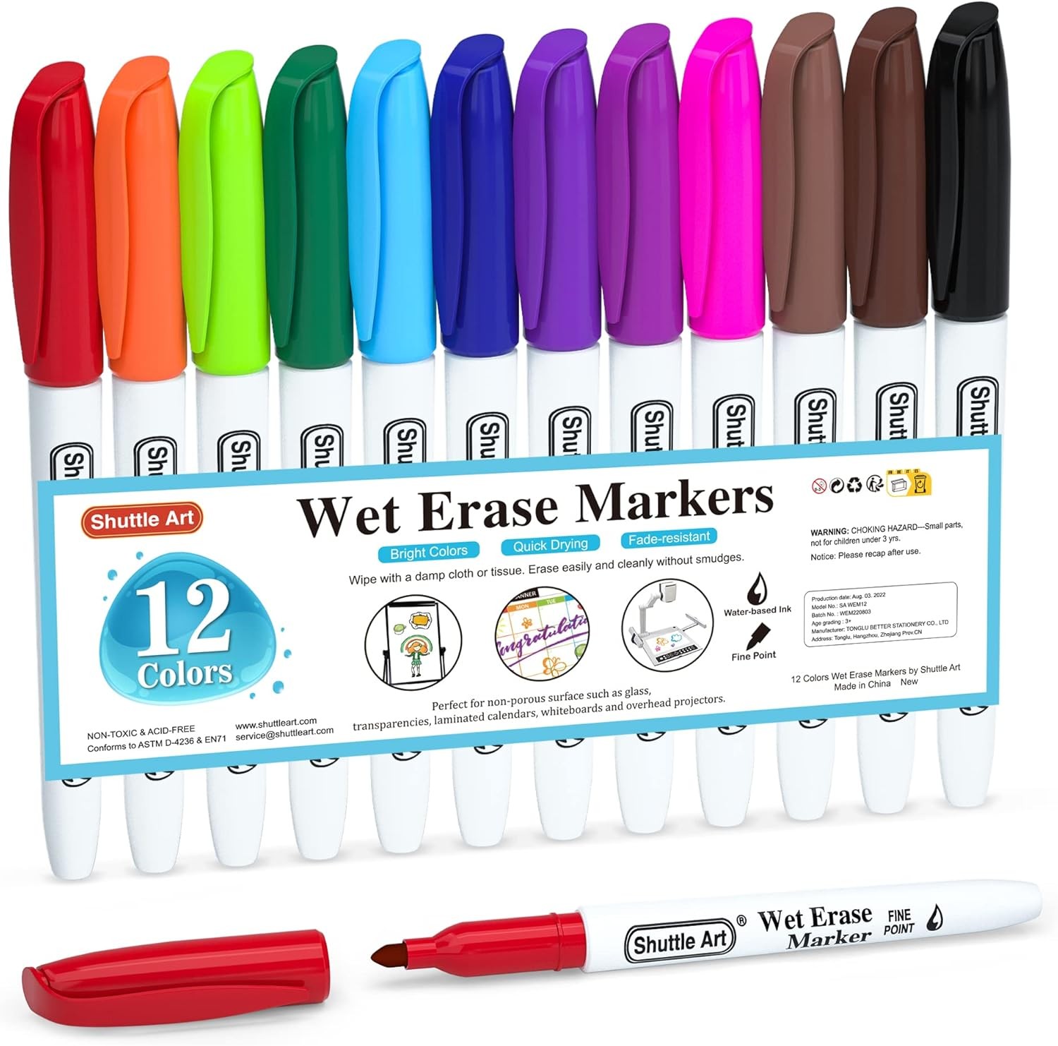 12-Color Wet Erase Markers – 1mm Fine Tip for Whiteboards, Glass & Calendars