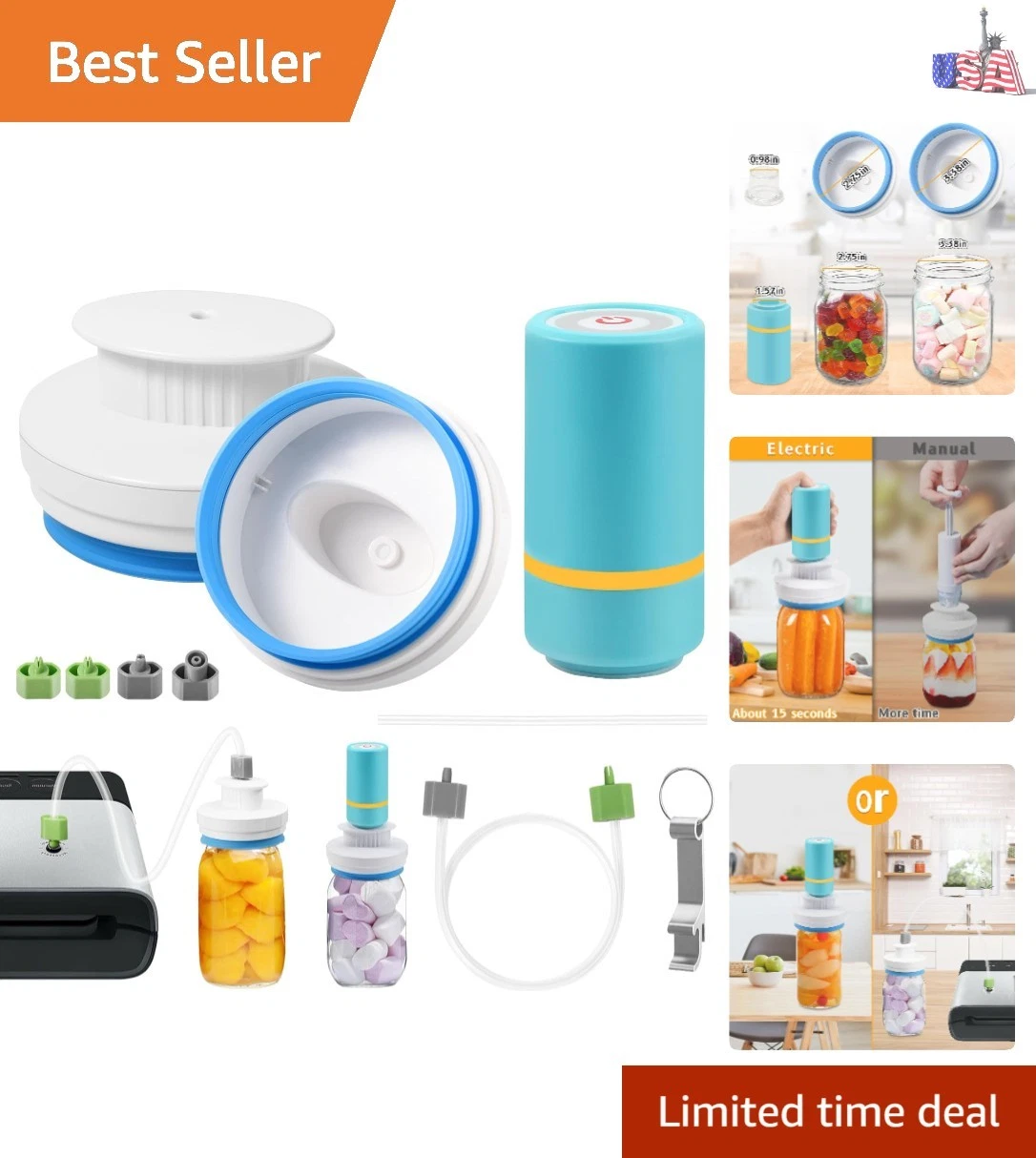 Electric Mason Jar Vacuum Sealer Kit Fits Wide & Regular Mouth Canning Sealer...