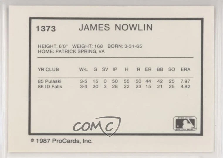 1987 ProCards Minor League Jim Nowlin James Nowlin #1373 - Image 2 of 2