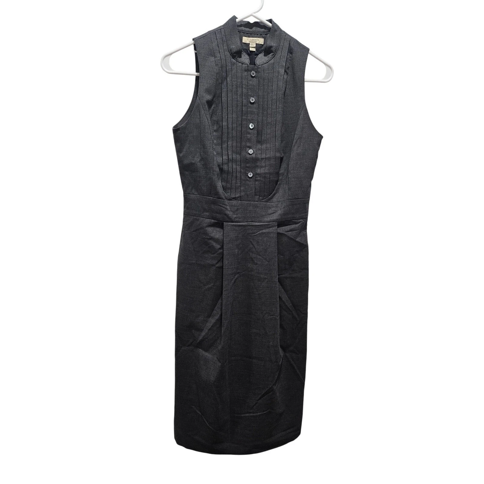 Abito tubino smanicato lana Burberry London taglia 4 nero plissettato bottoni davanti