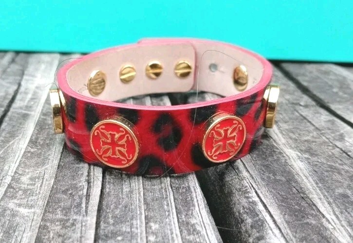 Rustic Cuff Bracelet Leopard Black Red Leather Wi… - image 1