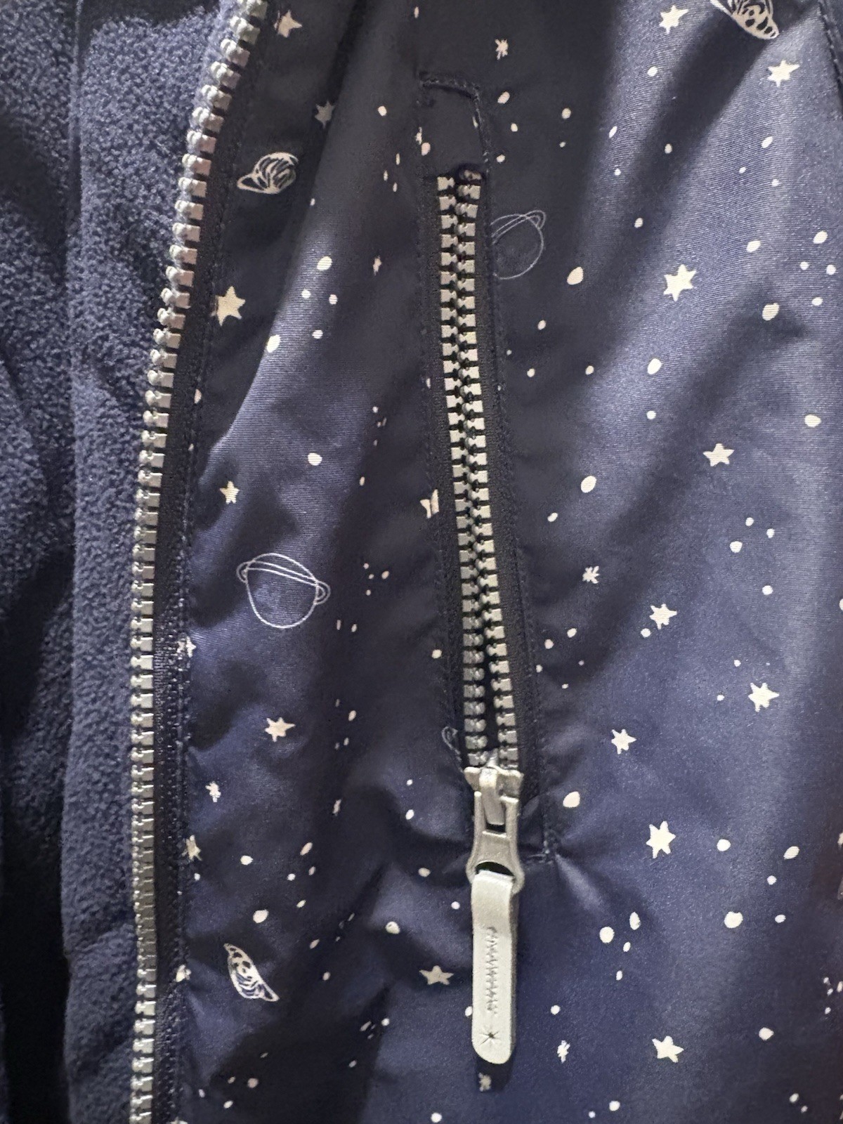 H&M Baby Snowsuit 12-18M Navy Space Print Fleece Lined Bunting Great Condition