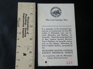1954 Commemorative 1st Run National Railway Historical Society Ticket Milwaukee