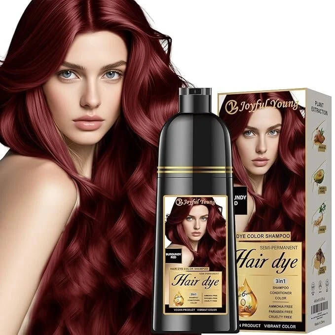 Burgundy Red 3 in 1 Hair Dye Shampoo Gray Coverage Ammonia-F