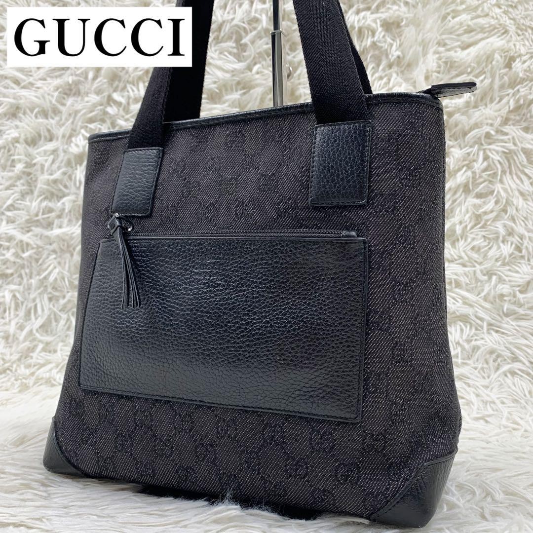 Gucci GG Canvas Tote Bag Black Leather Trim Large Handbag New