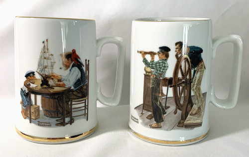 NORMAN ROCKWELL~VTG Long John Silver Set of 2 Porcelain Tankards/mug Used in box