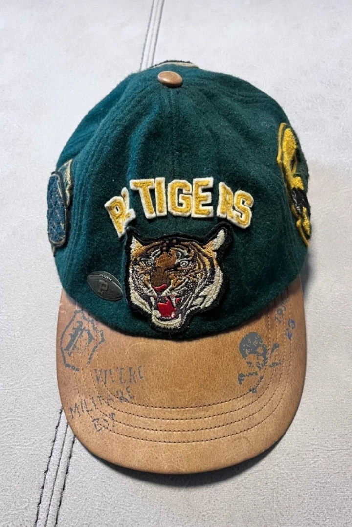 🔥 RARE POLO RALPH LAUREN Tiger Rugby Skull Varsity Hat Leather
