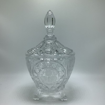 Vintage Etched Floral 3 Footed Cut Glass Crystal Candy Dish, w/ Lid 11'' Tall