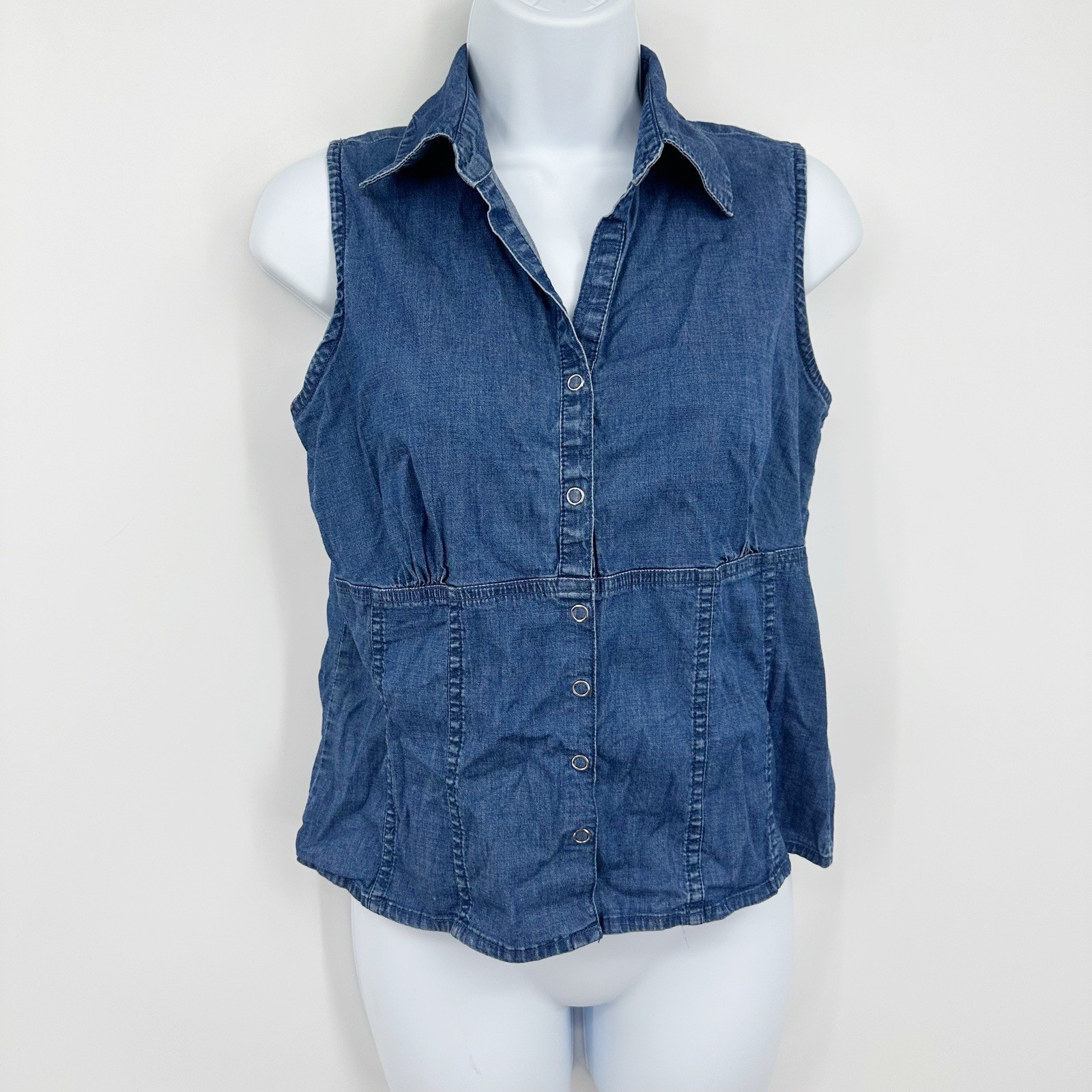 Faded Glory Vintage Y2K Denim Snap Button Up Tank Top Size Small Western Boho