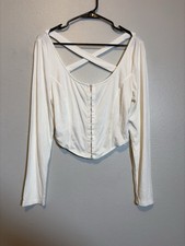 AKIRA XL White Corset Top Long Sleeve Criss Cross Back Y2K Baddie Festival Stree