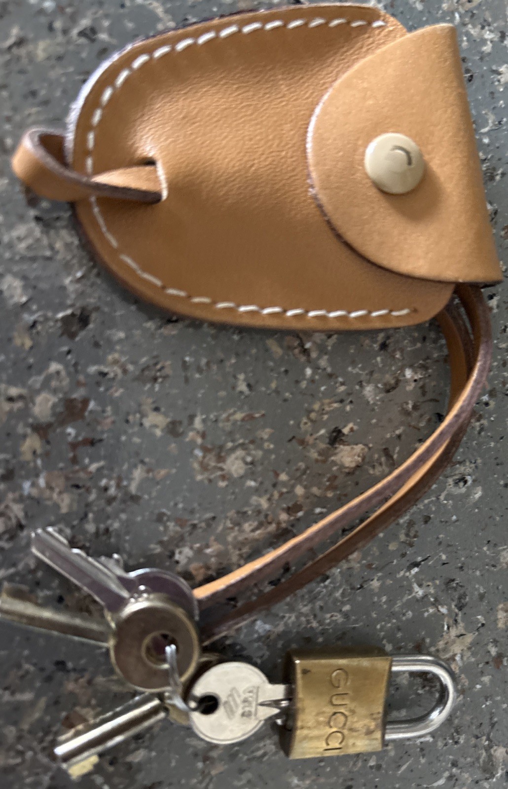 Vintage Gucci Brass Logo Padlock and 2 Keys Lock Set Charm Leather Pouch