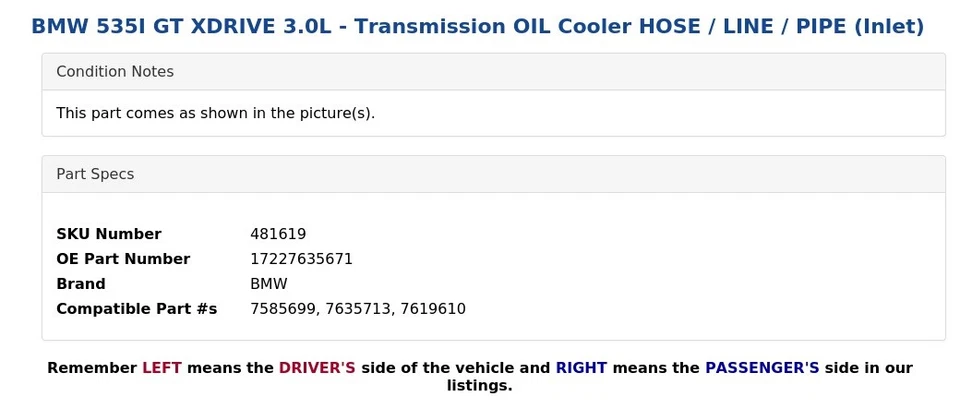 BMW 535I GT XDRIVE 3.0L - Enfriador de aceite de transmisión MANGUERA / LÍNEA / TUBO (entrada) Foto 4 de 4