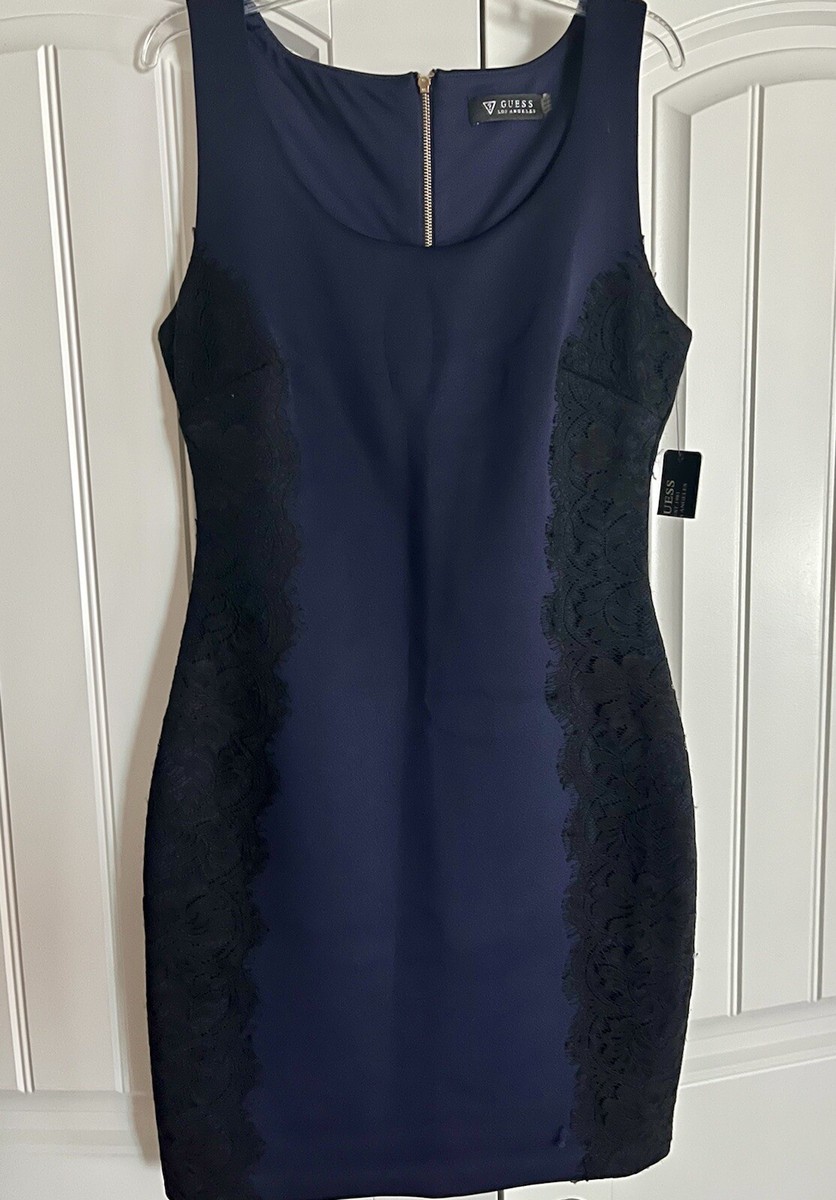 guess navy blue lace dress NEW Guess Navy Blue Lace Accent Exposed Back Zip Stretch Dress Size 8 $132
