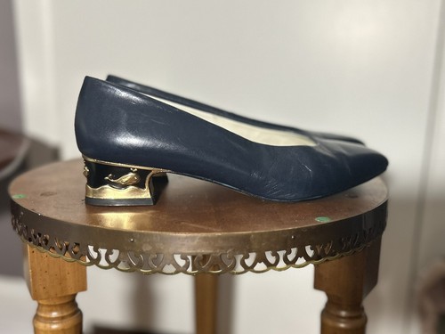 Blue Gold Heels Touch of Nina 8 Womens Vintage Leather Pointed Toe Block Whales