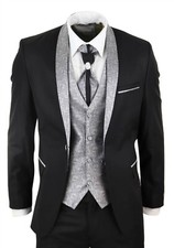Mens 4 Piece Wedding Suit Groom Vintage Shawl Collar Black Cravat Tailored Fit