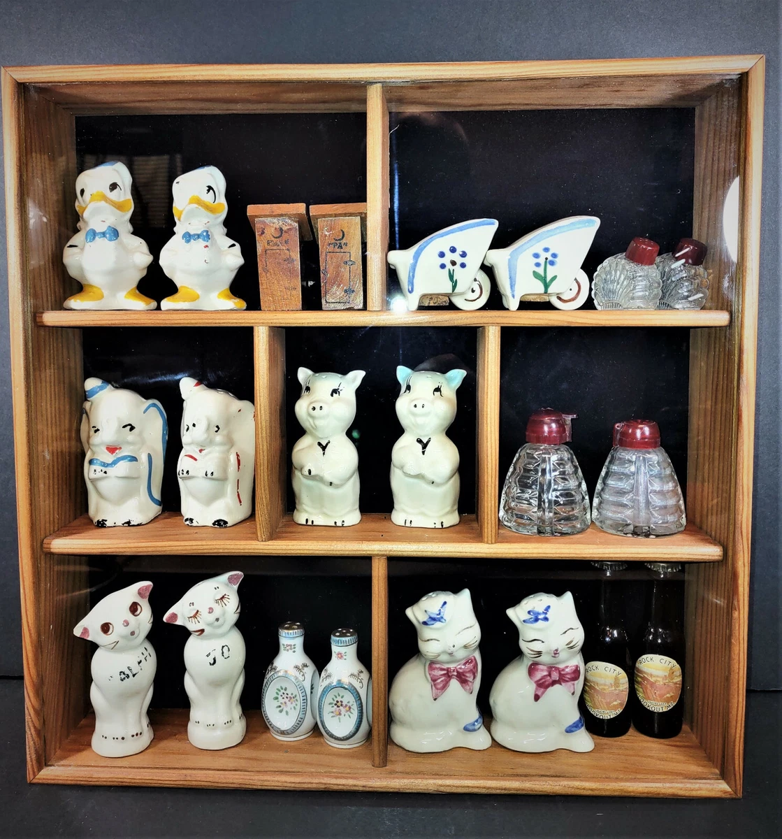 Display Case w Vintage Salt and Pepper Shaker Collection Disney Shawnee Leeds