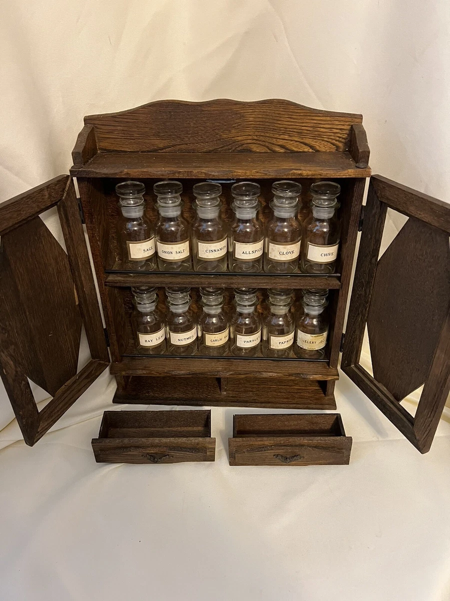 Vintage Mid-Century Wood Spice Cabinet W/ Apothecary Jars, Doors, Drawers