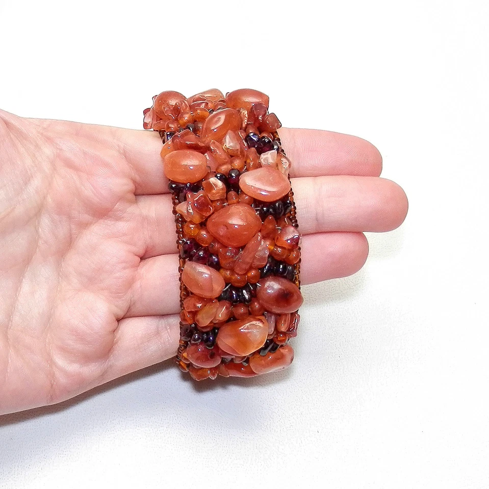 KJL Kenneth Jay Lane Beaded Garnet Carnelian Quartz Natural Stone Cuff Bracelet - Image 2 of 4