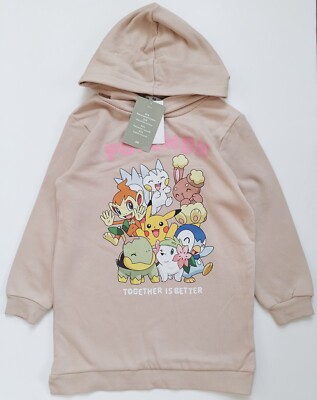 NWT H&M Hooded Pokémon “Together Is Better” Motif Sweatshirt Dress Beige Sz  3/4T