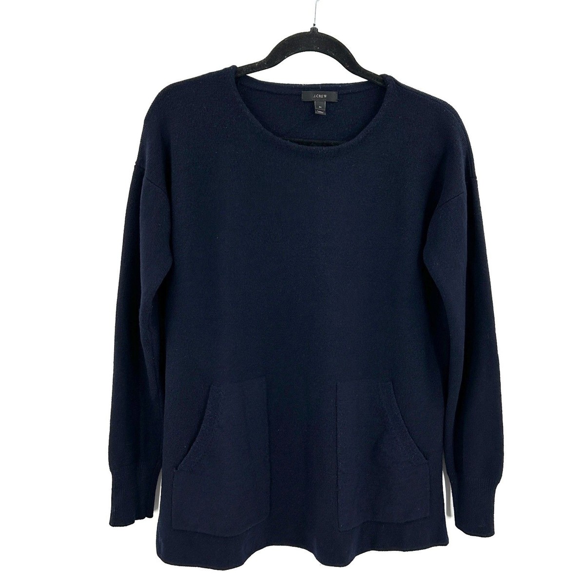CREW Navy Blue 100% Merino Wool Knit Pocket Crew Neck Sweater