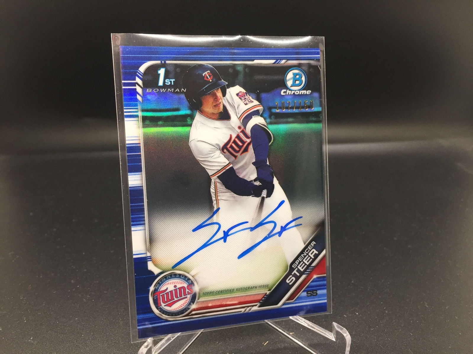 Spencer Steer 2019 Bowman Draft Chrome Blue Auto /150 Twins Reds 1st