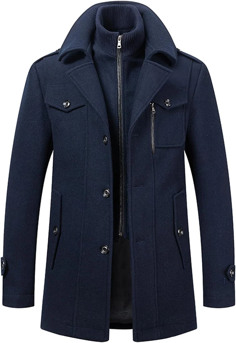 INVACHI Men s Pea Coat Wool Blend Trench Coat Single Breasted with Detachable In