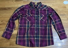 Wrangler Men's XL Western Maroon Blk Or Blue Plaid Long Sleeve Pearl Snap Shirt