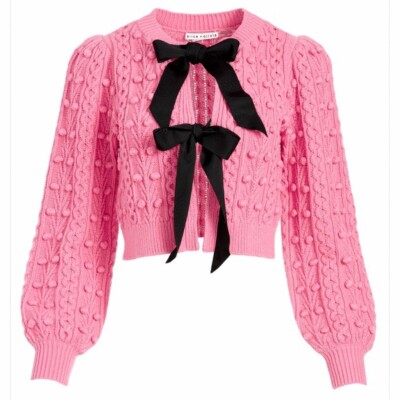 NWT Alice Olivia Kitty Puff Sleeve Bow Tie Cardigan Sweater Top