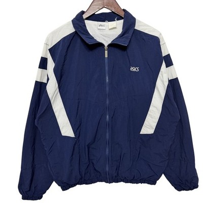 Vintage Asics Windbreaker Jacket Mens L Navy Blue White Colorblock Zip