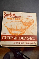 Vintage Anchor Hocking 3 pc. Swedish Modern Honey Gold Chip and Dip Set