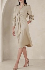 Banana Republic Satin Shirt Dress Midi Tie Front Champagne Beige Sz L $140 NWT