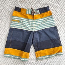 Patagonia Boys Wavefarer 10 Striped Board Shorts Yellow Blue Swim Trunks