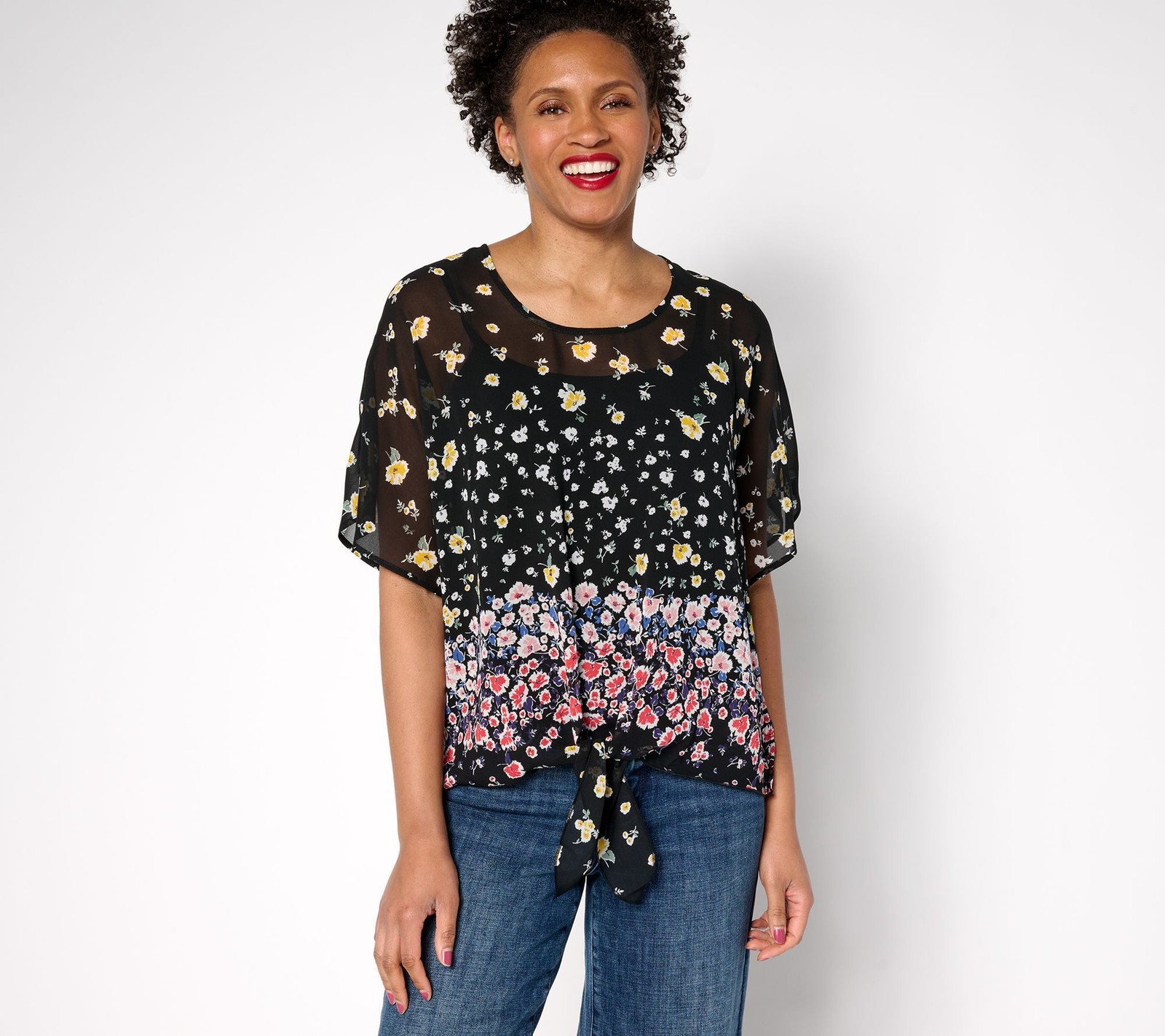 nicole by Nicole Miller Women's Top Sz M Luxe Chiffon Tie Multi-colored A689903
