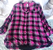 NoBo Women's 2XL Plaid Flannel Blouse Pink Purple Lace Inset Roll Tab Sleeve