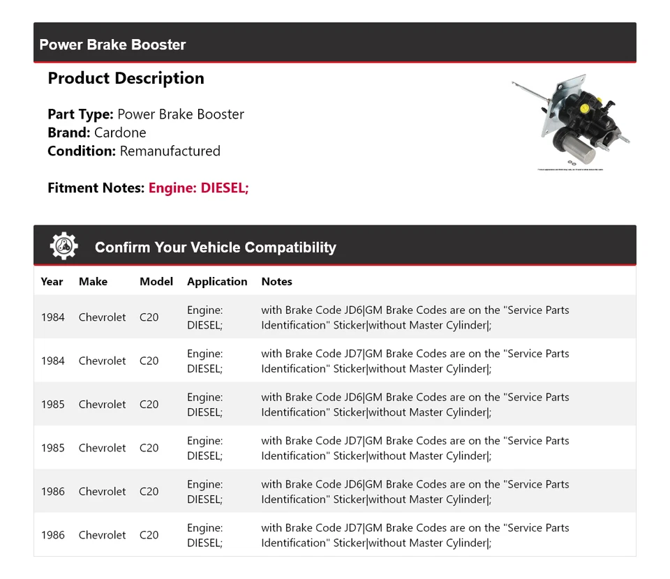 Para Chevrolet C20 1984-1986 Diesel Power Brake Booster Cardone 1985 Foto 2 de 4