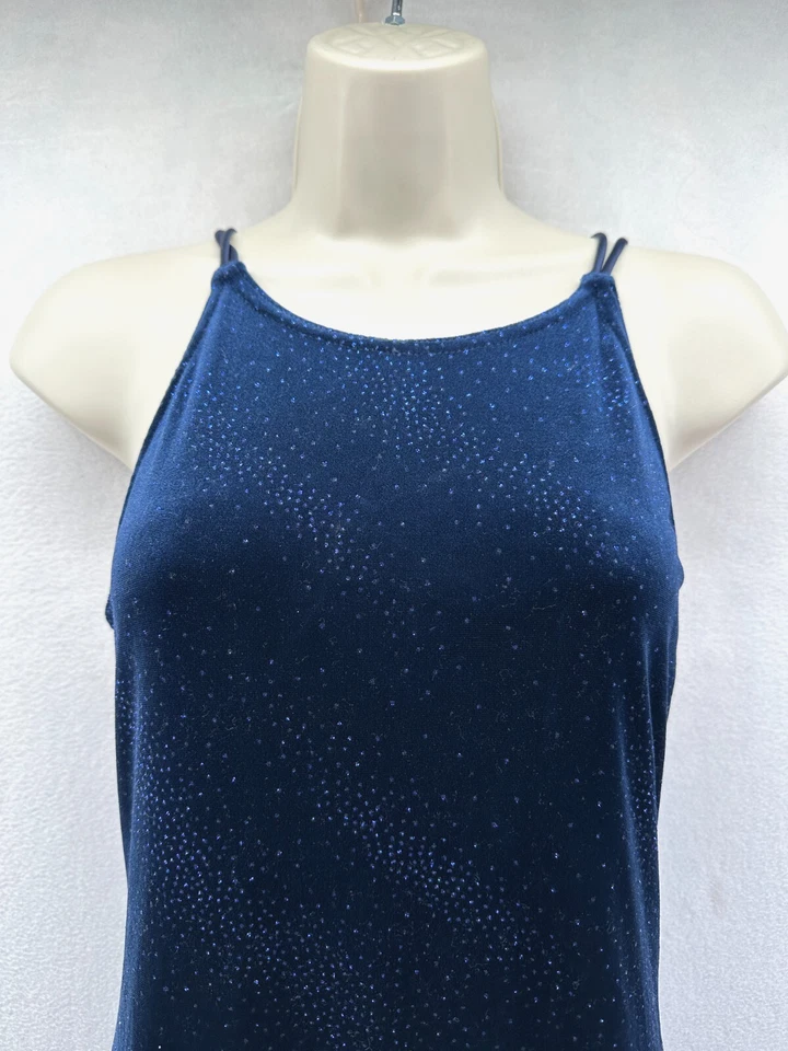 Y2K Formal Dress Size M Velvet Navy Blue Sparkle Slinky Low Back Strappy Cutout - Image 4 of 4