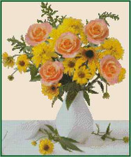 Peach Roses and Yellow Daisies in White Vase Cross Stitch Chart No.14-130