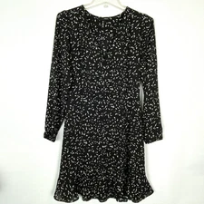 Aqua Printed Long Sleeve Ruffle Dress S V Neck Side Zip Party Dressy Black Sexy