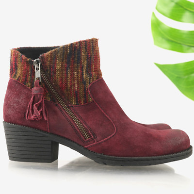 Born Womens Charon Boot Size 6.5 Burgundy Suede Block Heel Bootie Woven Cuff