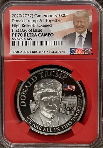 2020 (2022) Cameroon 1000F 1oz Silver Blackened Donald Trump NGC PF70 UCAM FDOI